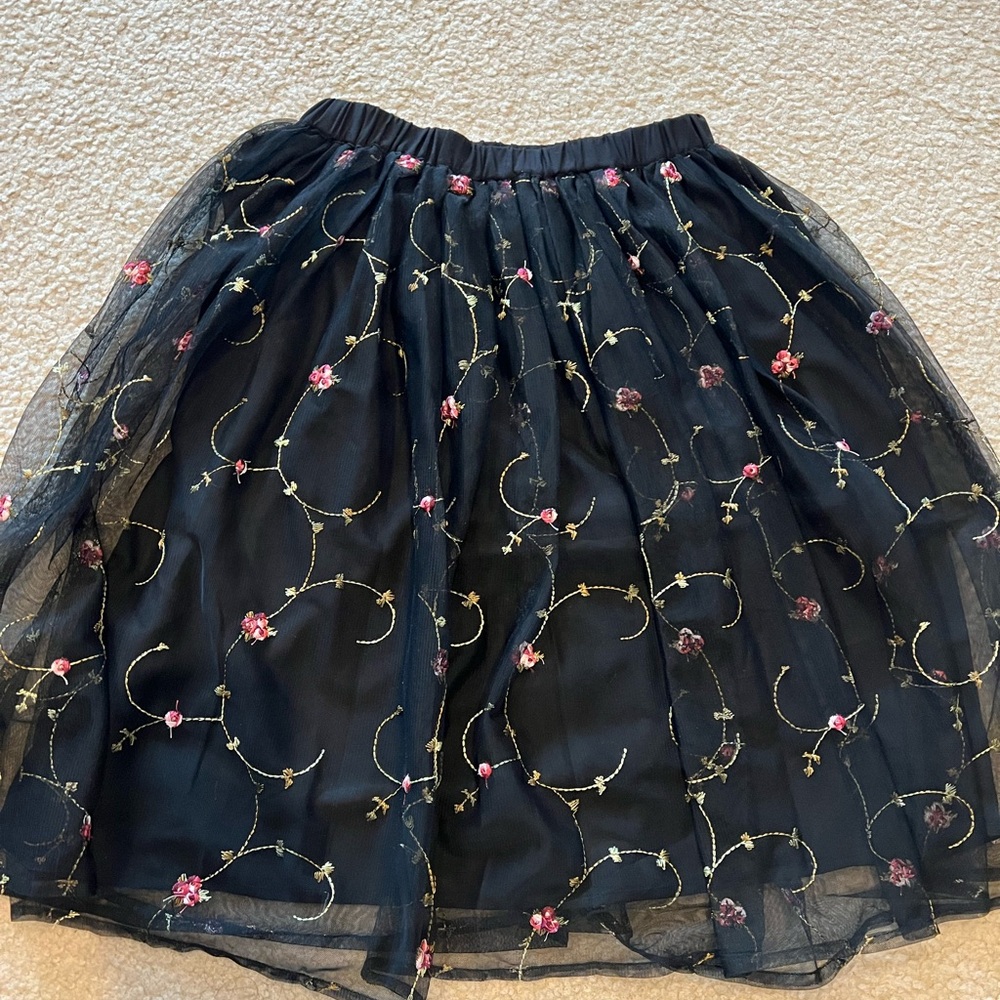 H&M Black Skirt with Pink Floral Embroidery